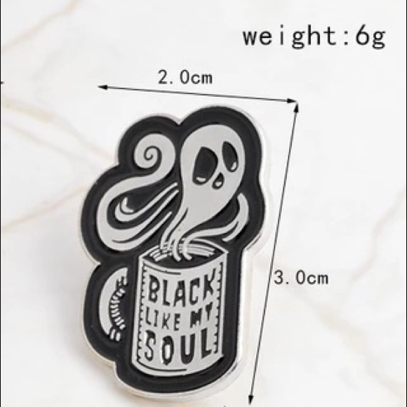 Goth Ghost Horror Coffee Mug Cup “Black Like My Soul” Metal Enamel Pin Brooch - Picture 3 of 11